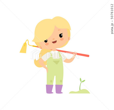 Cute Young Girl in Overalls and Rubber Boots with Hoe, Farmer Girl Cartoon Character Working in 50761012