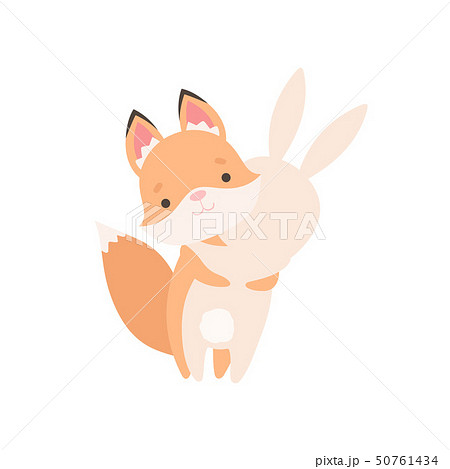 Lovely White Little Bunny and Fox Cub Hugging, Cute Best Friends, Adorable Rabbit and Pup Cartoon Lovely White Little Bunny and Fox Cub Hugging, Cute Best Friends, Adorable Rabbit and Pup Cartoon 50761434