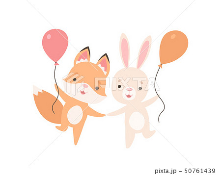 Lovely White Little Bunny and Fox Cub with Balloons, Cute Best Friends, Adorable Rabbit and Pup Lovely White Little Bunny and Fox Cub with Balloons, Cute Best Friends, Adorable Rabbit and Pup 50761439