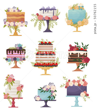 Set of beautiful festive cakes on a stand. Vector illustration on white background. 50762155