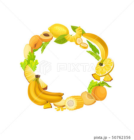 Yellow wreath of fresh vegetables and fruits. Vector illustration on white background. 50762356
