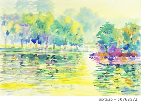 Watercolor original painting landscape colorful. 50763572