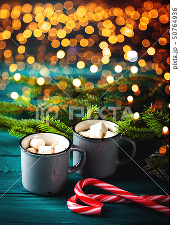 Hot chocolate. Christmas drink, festive lights 50764936