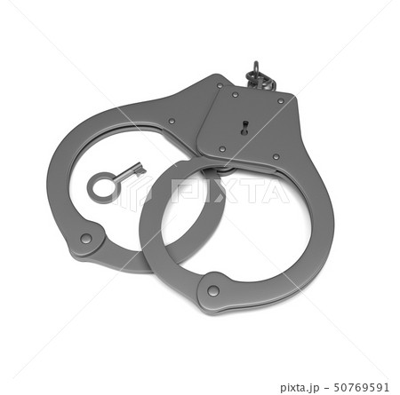 Closed handcuffs with a key. 3d rendering illustration isolated 50769591