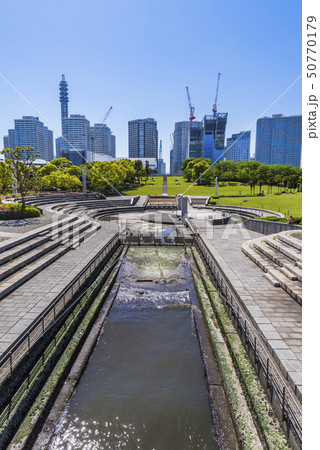 横浜 臨港パークの風景 潮入りの池とビル群 横浜 臨港パークの風景 潮入りの池とビル群 50770179