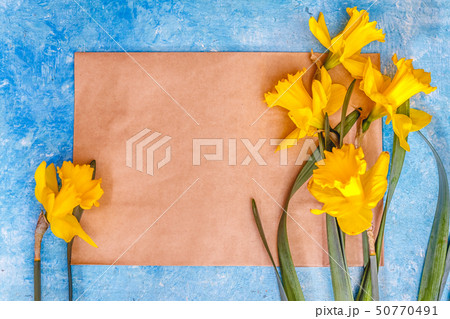 Daffodil flowers yellow on a blue marble 50770491