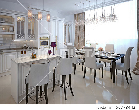 The kitchen-dining room in a classical style. The kitchen-dining room in a classical style. 50773442
