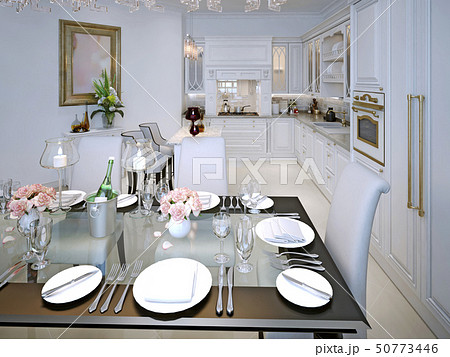 The dining room and kitchen in a classic style. 50773446