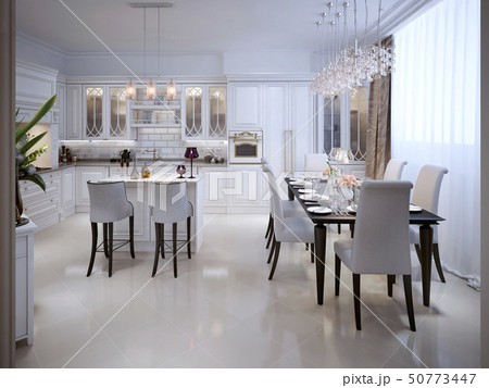 White kitchen with dining table in the Arab style. 50773447