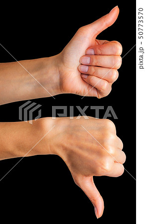 Set of women holding hands in gesture of like sign or dislike, giving thumb up Set of women holding hands in gesture of like sign or dislike, giving thumb up 50773570
