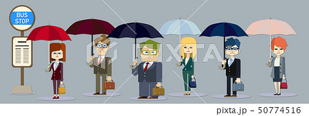 雨の日のバス停に並ぶ暗い顔の社会人たちのイラスト素材