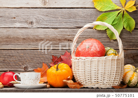 Autumn still life with pumpkins and leaves Autumn still life with pumpkins and leaves 50775101