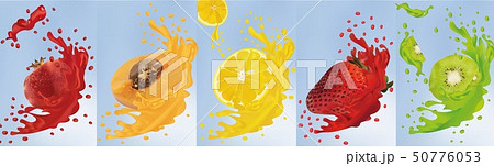 Fruit juice. Realistic fruits kiwi, apricot, pomegranate, lemon, strawberry. 3d vector illustration 50776053