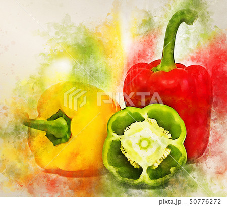 Watercolor painting of group of various paprika 50776272