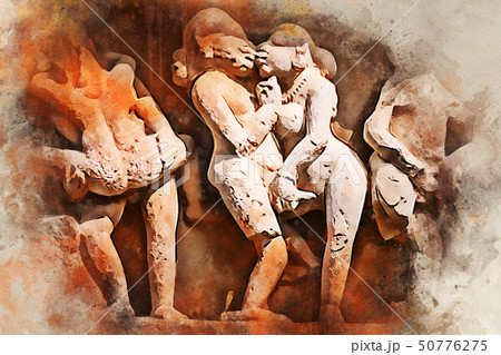Watercolor painting of close up erotic stone carving in Lakshman Temple Watercolor painting of close up erotic stone carving in Lakshman Temple 50776275