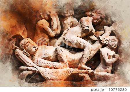 Watercolor painting of close up erotic stone carving in Lakshman Temple 50776280