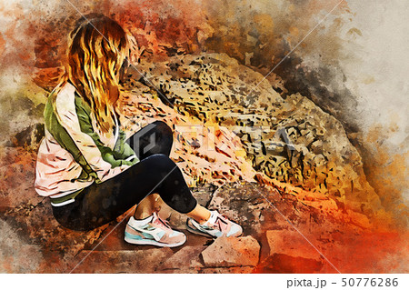 Watercolor painting of woman meditating in Gharial Sanctuary, India. Watercolor painting of woman meditating in Gharial Sanctuary, India. 50776286