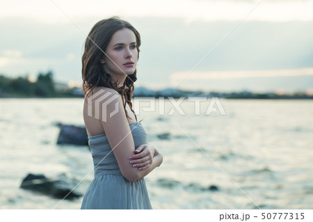 Perfect woman wearing blue dress outdoor Perfect woman wearing blue dress outdoor 50777315