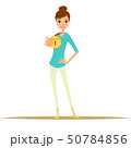 Smiling woman character with medal of first place in hand 50784856