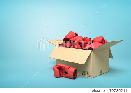 3d rendering of cardboard box full of red boxing gloves on blue background. 3d rendering of cardboard box full of red boxing gloves on blue background. 50786211