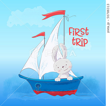 Poster cute little hare floats on a boat. Cartoon style. Vector 50786313