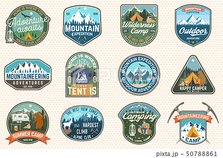 Set of mountain expedition and summer camp patches. Vector Concept for shirt or print, stamp, badge Set of mountain expedition and summer camp patches. Vector Concept for shirt or print, stamp, badge 50788861