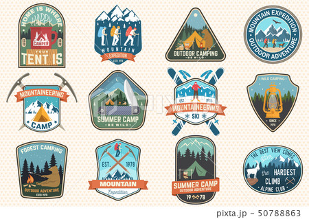 Set of mountain expedition and summer camp patches. Vector Concept for shirt or print, stamp, badge Set of mountain expedition and summer camp patches. Vector Concept for shirt or print, stamp, badge 50788863