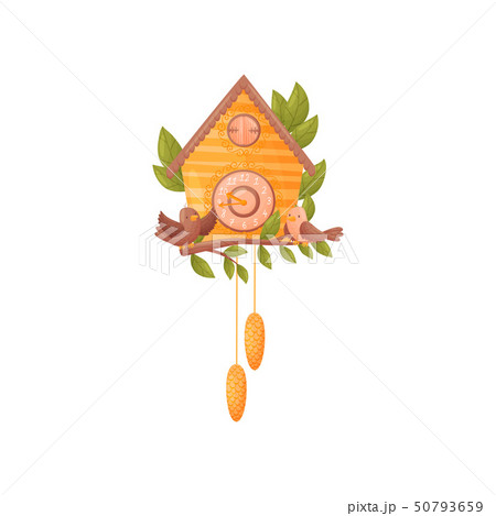 Wall clock in the shape of an orange house. Two birds are sitting on a branch in front of the house 50793659
