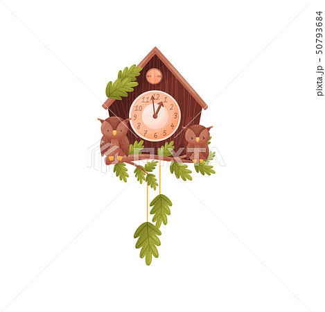 Wall clock in the shape of a house. Two owls are sitting on a branch in front of the house. Vector 50793684