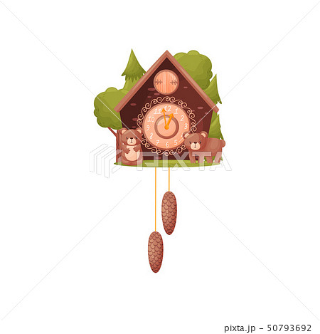 Wall clock in the shape of a house. Two bears in front of the house. Vector illustration on white Wall clock in the shape of a house. Two bears in front of the house. Vector illustration on white 50793692