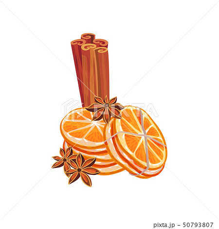 Orange slices next to chopsticks and cinnamon asterisks. Vector illustration on white background. 50793807