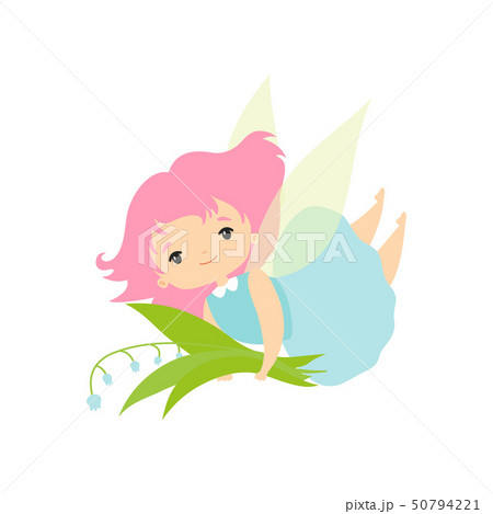Little Forest Fairy with Bouquet of Lily of Valley, Lovely Fairy Girl Cartoon Character with Green 50794221