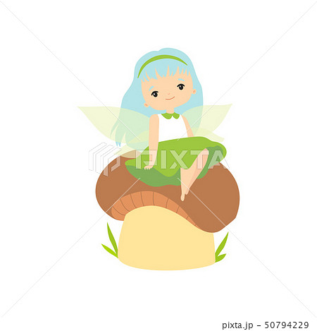 Little Forest Fairy Sitting on Mushroom, Adorable Fairy Girl Cartoon Character with Light Blue Hair Little Forest Fairy Sitting on Mushroom, Adorable Fairy Girl Cartoon Character with Light Blue Hair 50794229