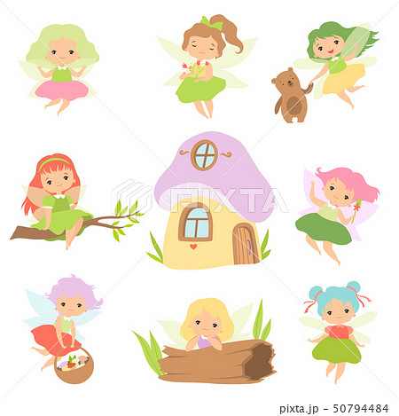 Cute Little Forest Fairies Set, Lovely Fairies Girls Cartoon Characters and Fairytale Fantasy House Cute Little Forest Fairies Set, Lovely Fairies Girls Cartoon Characters and Fairytale Fantasy House 50794484