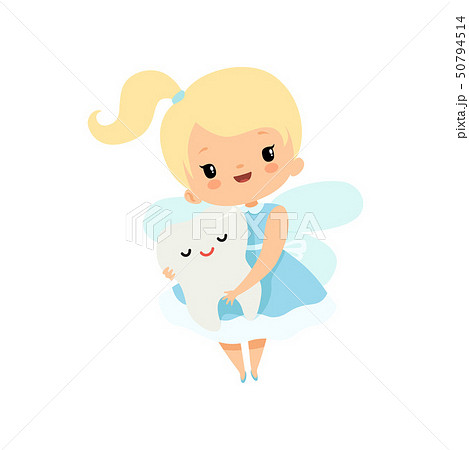 Little Tooth Fairy Holding Cute Baby Tooth, Lovely Blonde Fairy Girl Cartoon Character in Light Blue 50794514