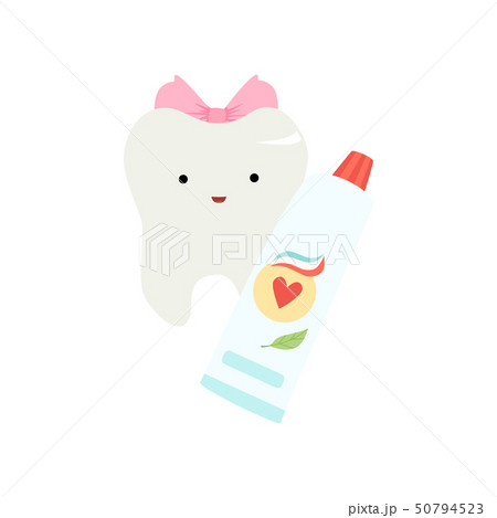 Cute Funny Healthy Tooth Cartoon Character with Tube of Toothpaste, Children Teeth Care Vector Cute Funny Healthy Tooth Cartoon Character with Tube of Toothpaste, Children Teeth Care Vector 50794523