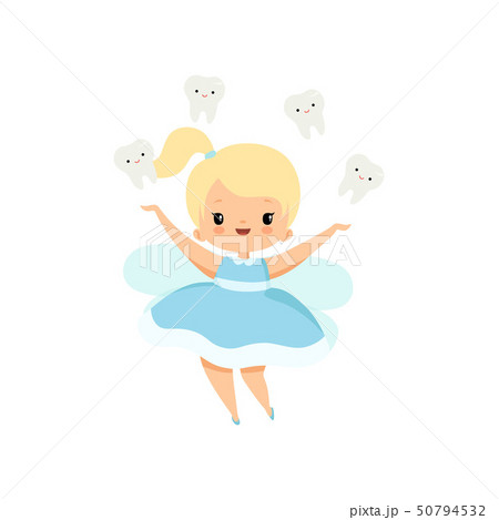 Little Tooth Fairy and Cute Baby Teeth Flying Around Her, Lovely Blonde Fairy Girl Cartoon Character 50794532
