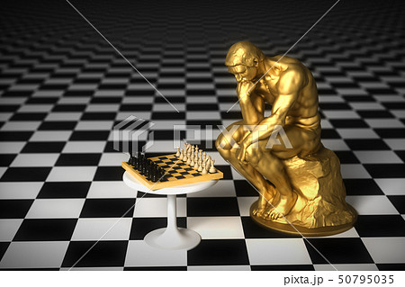 Gold Sculpture Thinker Pondering The Chess Game 50795035