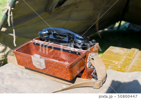 old military wired phone stands on the table old military wired phone stands on the table 50800447