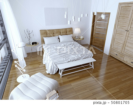 Modern bedroom with brown bed and white wall 50801705
