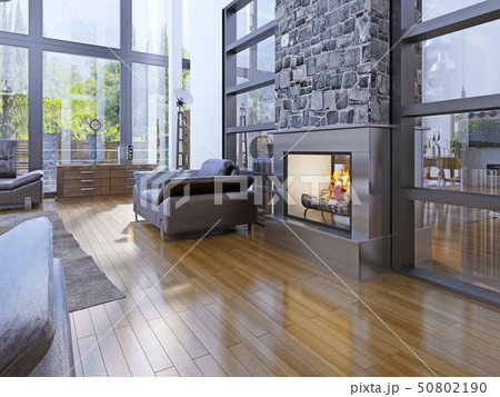 Idea of avant-garde living room with fireplace 50802190