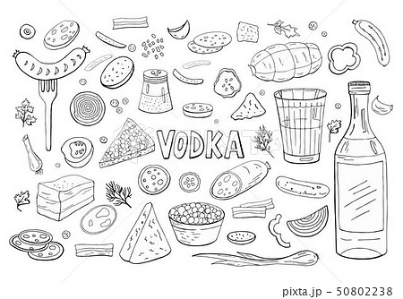 Russian vodka and diferent food elements black and white isolated on white. 50802238