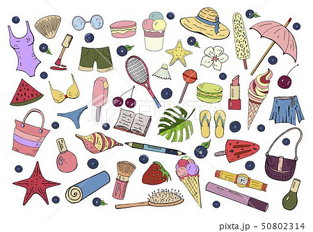 Different summer doodle colored elements isolated on white background. Different summer doodle colored elements isolated on white background. 50802314