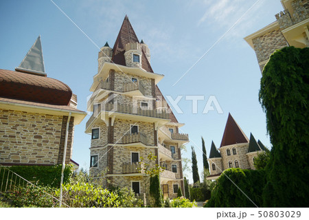 modern luxury hotel in Victorian style with beautiful well-groomed trees against the blue sky in modern luxury hotel in Victorian style with beautiful well-groomed trees against the blue sky in 50803029