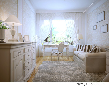 Spacious bedroom with white walls 50803828