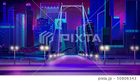 Night city neon lights, bridge entry, quay, lamps 50806343