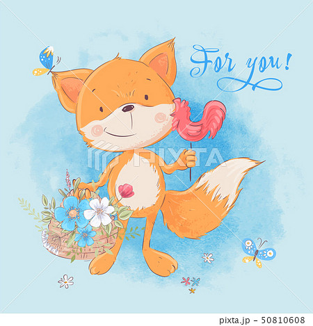 Postcard cute little fox and flowers. Cartoon style. Vector 50810608