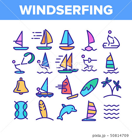 Water Skiing, Windsurfing Linear Vector Icons Set Water Skiing, Windsurfing Linear Vector Icons Set 50814709