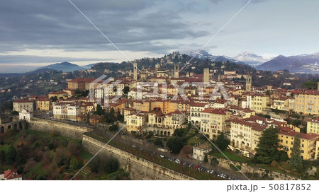 Picturesque aerial view of Bergamo and surrounding mountains, Italy 50817852