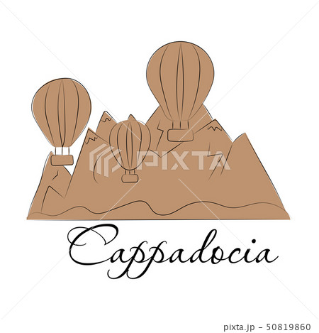 Illustration of a popular turkish travel destination Cappadocia. Balloons in the sky. EPS 10. RGB 50819860